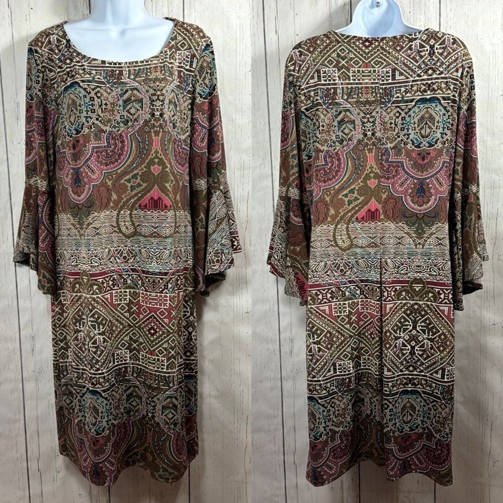 Olivia Matthews Boho Paisley Bell Sleeve Midi Dress Cottagecore Western Size L